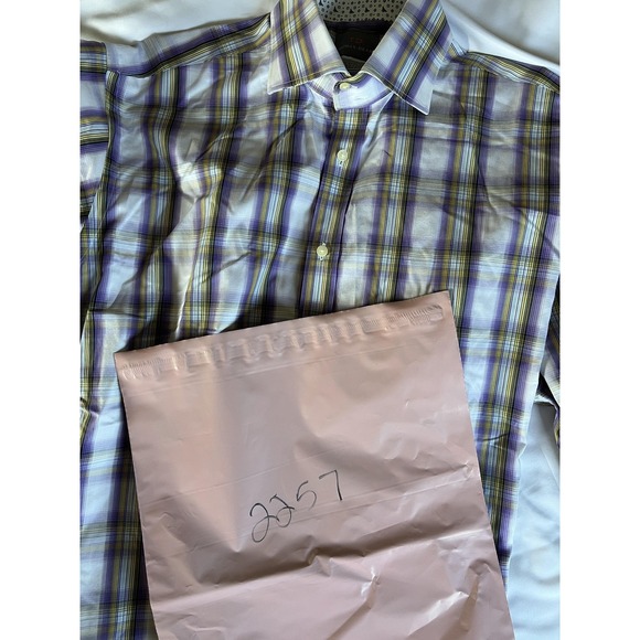 Thomas Dean Shirt Mens Large Purple Yellow Plaid Button Down Smart Casual Cotton - Picture 14 of 14